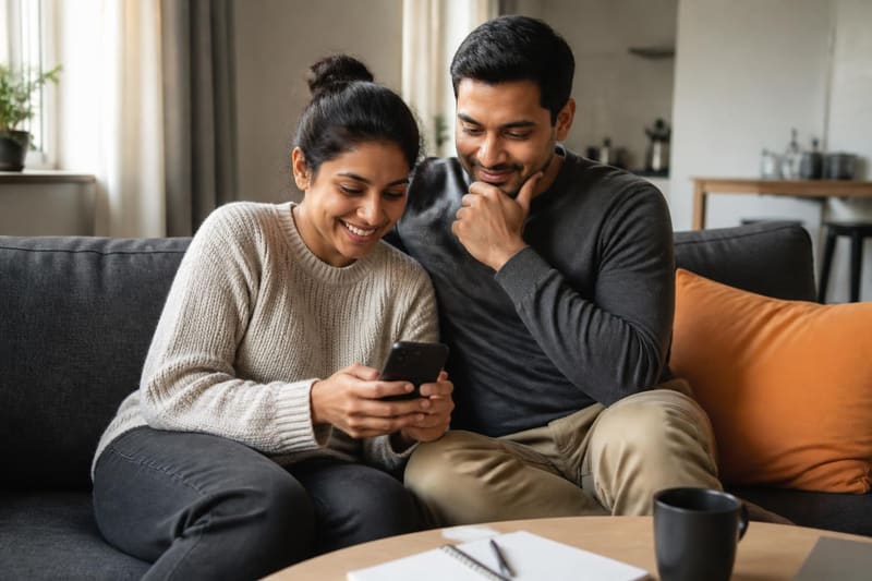 A young couple at home planning together on a phone