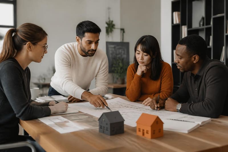 A small team reviewing plans around a table