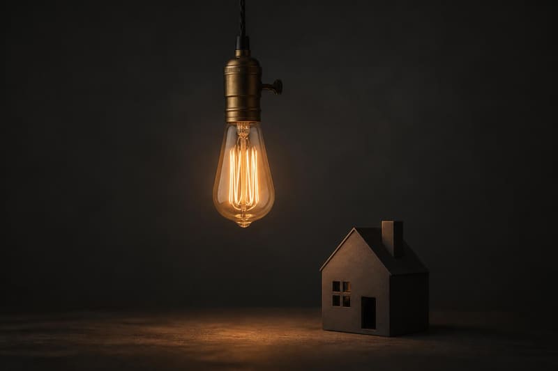 A warm lightbulb glowing above a model house
